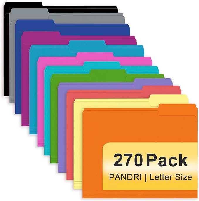 File Folder, PANDRI 270 Pack Colored File Folder, 1/3 Cut Tab, Letter Size by PANDRI