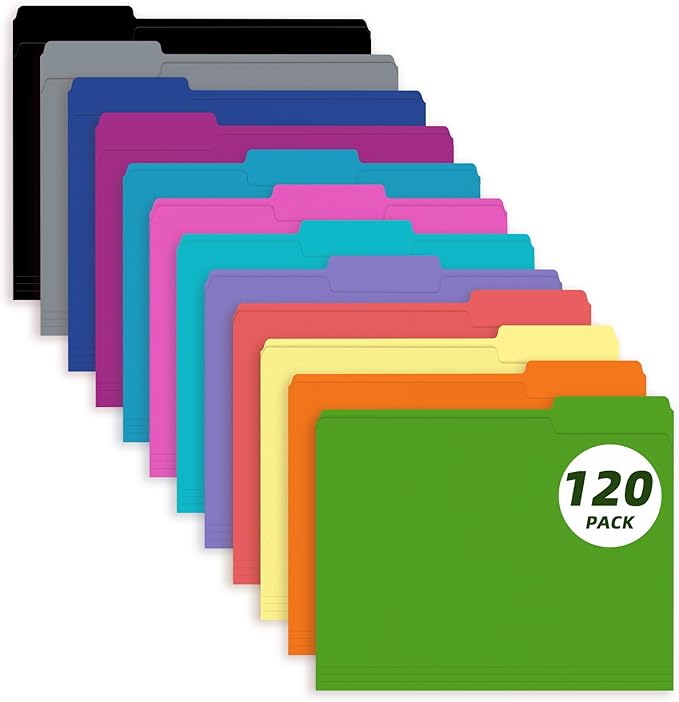 File Folder, PANDRI 120 Pack Colored File Folder, 1/3 Cut Tab, Letter Size by PANDRI