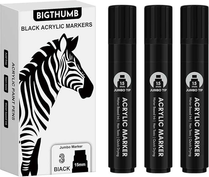 BIGTHUMB 3 Pcs Black Jumbo Permanent Markers: 15mm Wide Tip Thick Acrylic Paint - Image 2