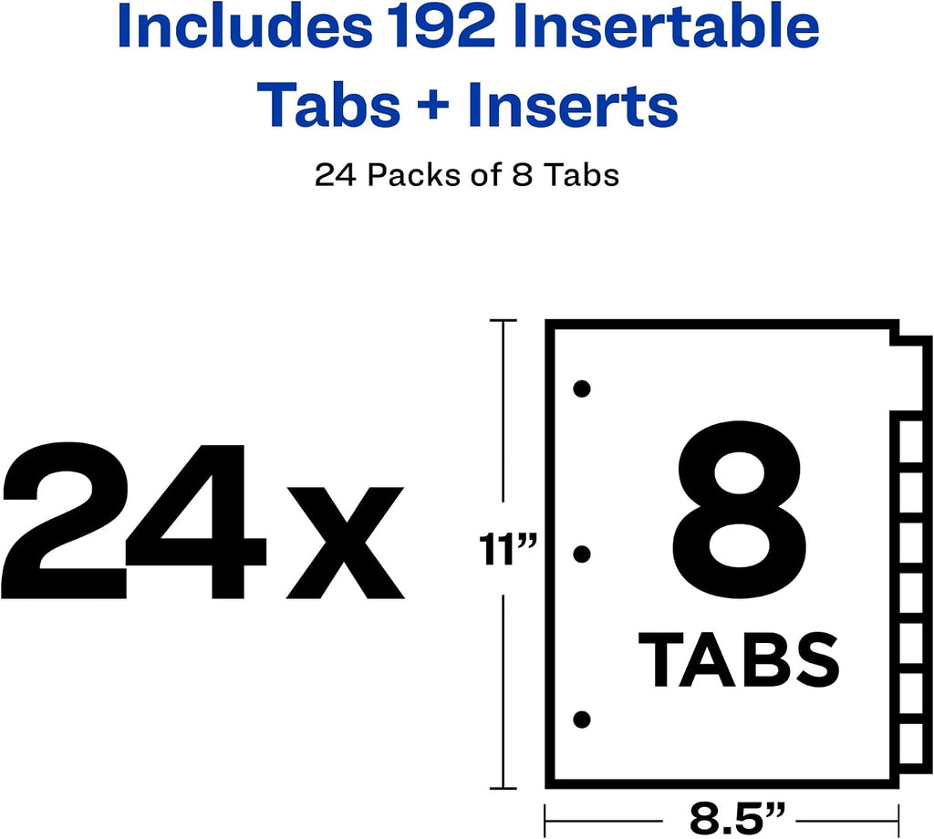 Avery Big Tab Insertable Dividers for 3 Ring Binders, 8-Tab Set, Buff Paper, Clear Tabs, Binder Divider Value Pack of 22224, 24 Sets Total (11115)