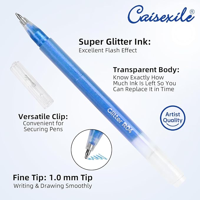 CAISEXILE 12 Blue Glitter Gel Pens Set, 1.0 mm Fine Point - Image 3