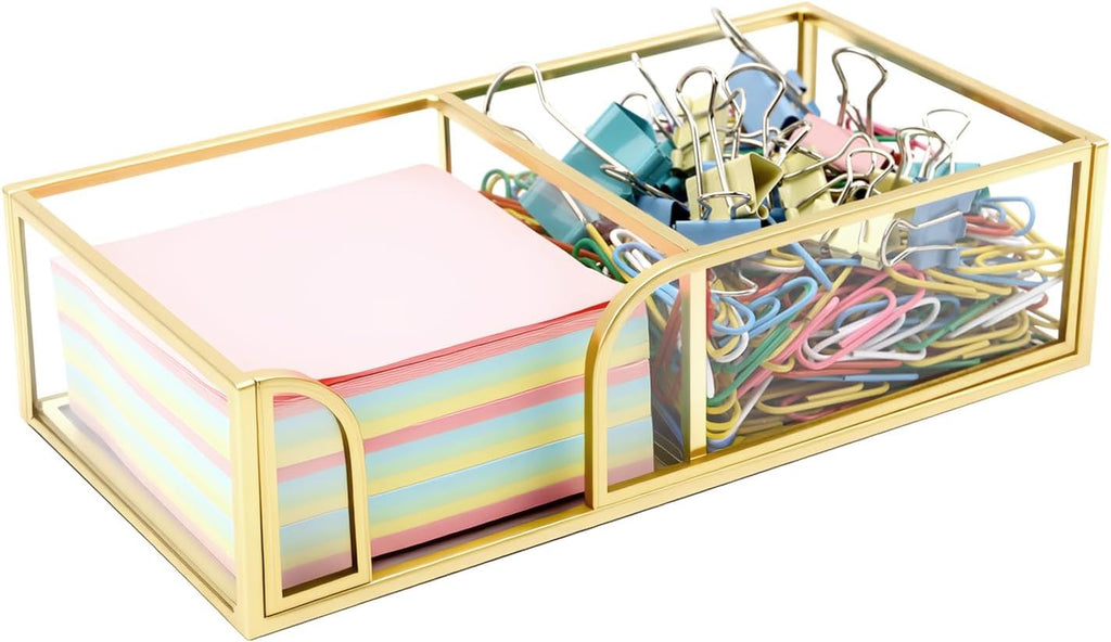 Glass Sticky Note Holder,2 Slots Gold Post It Note Dispenser for Desk,3 x 3 Inch Post It Note Holder, Stylish Sticky Note Dispenser for Home Office Desk Table Drawer