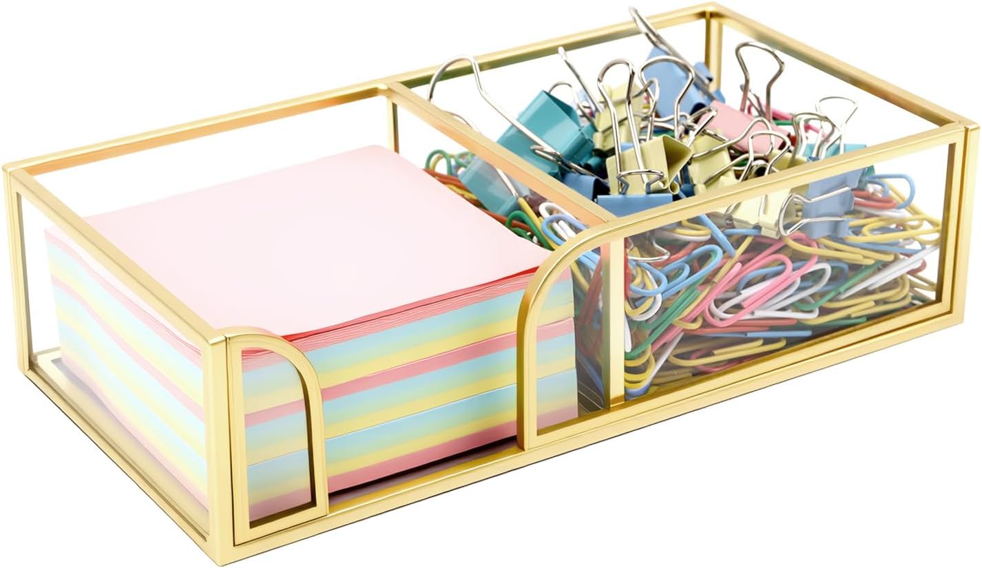 Glass Sticky Note Holder,2 Slots Gold Post It Note Dispenser for Desk,3 x 3 Inch Post It Note Holder, Stylish Sticky Note Dispenser for Home Office Desk Table Drawer