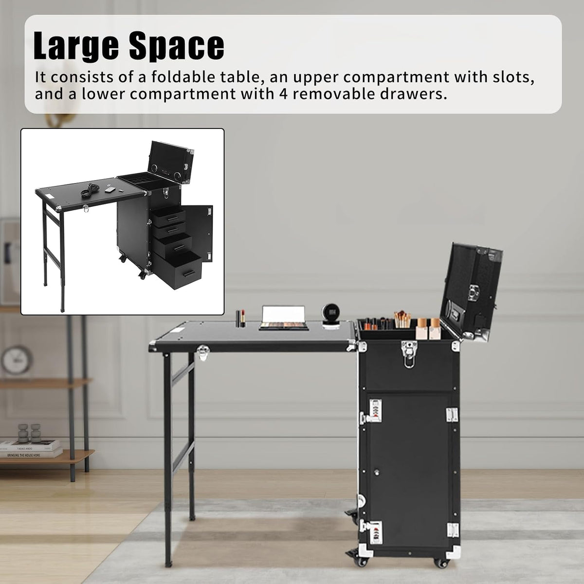 Nail Desk Mobile Station Rolling Makeup Train Case, Foldable Nail Table Manic...