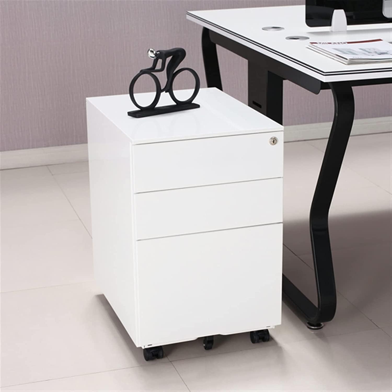 File Cabinet Three Drawers Side Pull Metal File Cabinet White Iron Chest of Drawers for Home Office Furniture 30 * 45 * 60Cm,