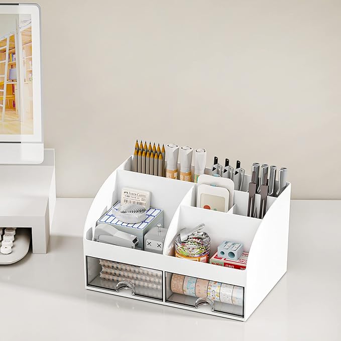 Desk Organizer with 6 Compartments and 2 Drawers, Plastic Makeup Organizer - Image 6