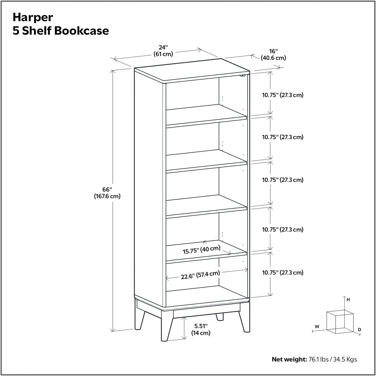 SIMPLIHOME Harper 66" Tall Solid Wood 5-Shelf Bookcase in Walnut Brown