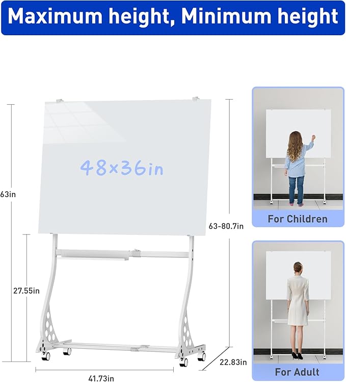 Mobile Glass Whiteboard, 48 x 36 inch Glass Board/w Height Adjustable, Large - Image 3