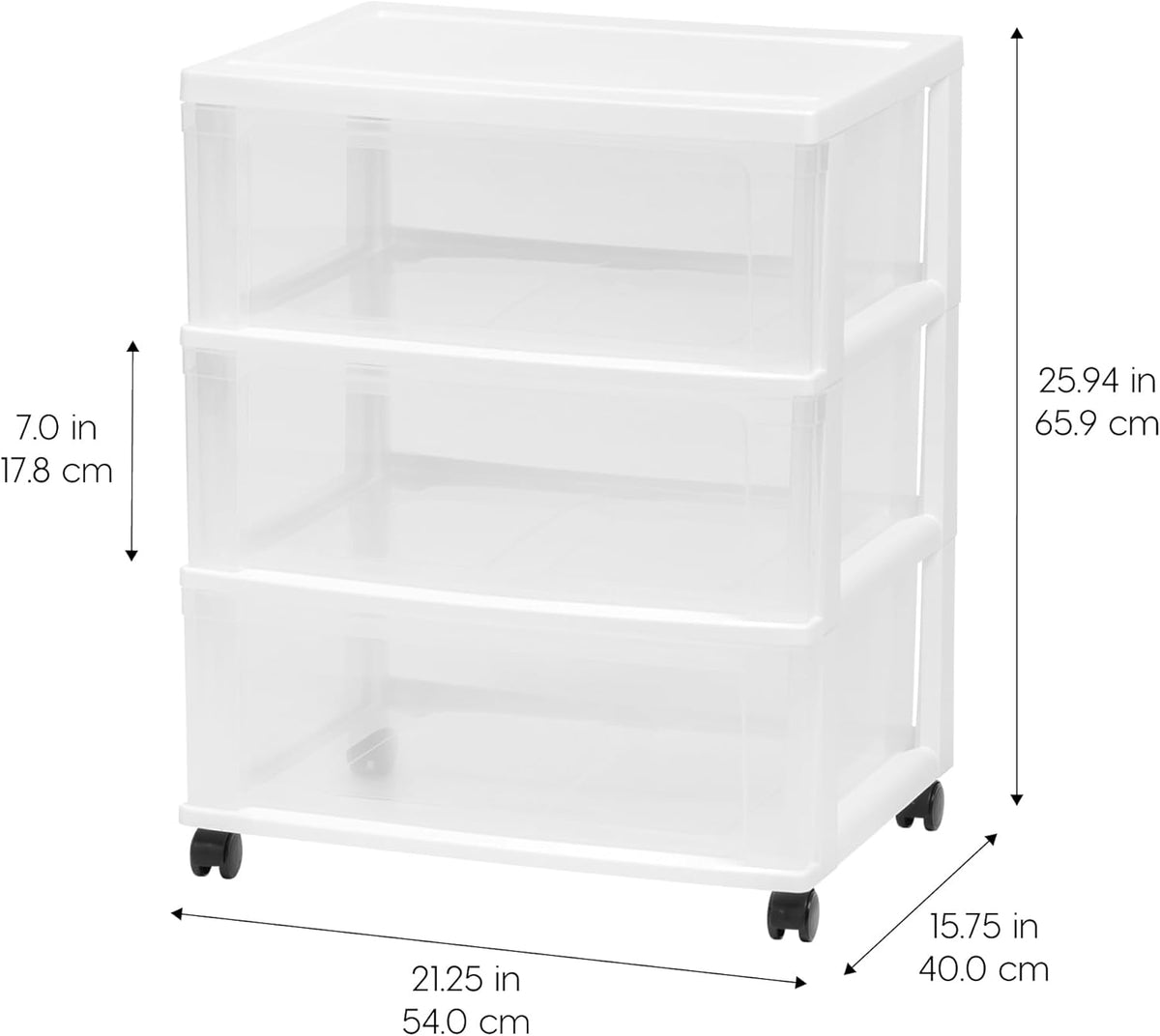 IRIS USA 3-Drawer Wide Storage Cart with Wheels, Organizer, White