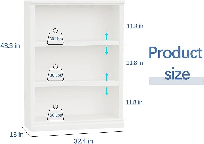blini 3-Shelf Bookcase White Wooden Bookshelves 33in Wide Floor Standing - Image 3