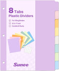 SUNEE 8 Tab Binder Dividers,Plastic Dividers for 3 Ring Binder,3 Ring Binder Dividers with Tabs for School Office Home Supplies,Soft Color, 1 Set