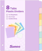 SUNEE 8 Tab Binder Dividers,Plastic Dividers for 3 Ring Binder,3 Ring Binder Dividers with Tabs for School Office Home Supplies,Soft Color, 1 Set