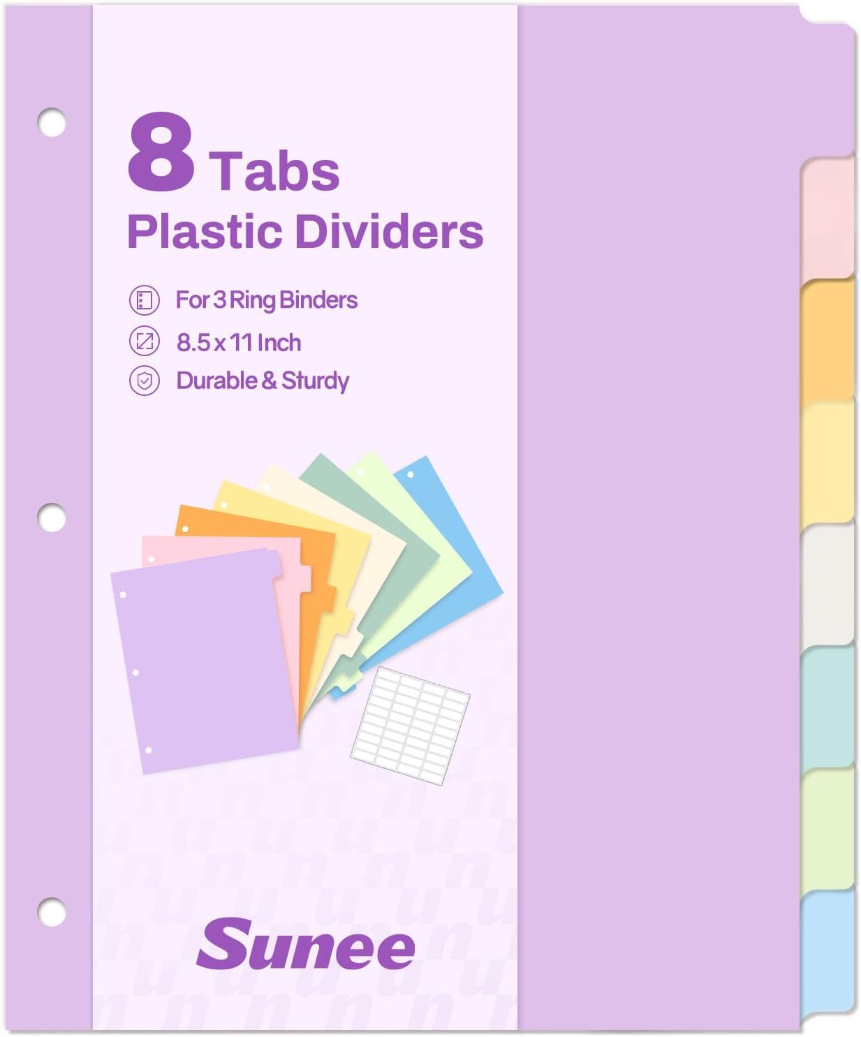 SUNEE 8 Tab Binder Dividers,Plastic Dividers for 3 Ring Binder,3 Ring Binder Dividers with Tabs for School Office Home Supplies,Soft Color, 1 Set