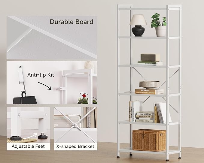 Casaottima Book Shelf, 6 Tier Tall Bookshelf, Modern Wood Bookcase Shelves - Image 4