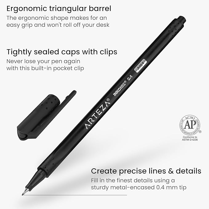 ARTEZA Black Inkonic Fineliners Pens, 0.4 mm Fine Tip Markers, Water-Based Art - Image 2