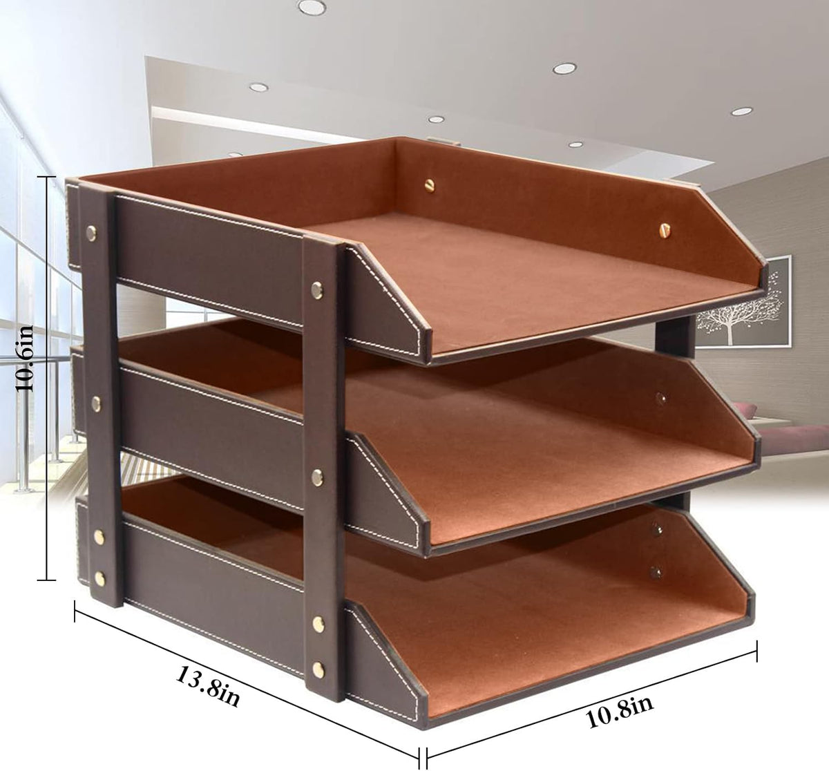 Very Sturdy 3 Tier Leather Desk File Rack for Office Supplies/Stationery/Fold...