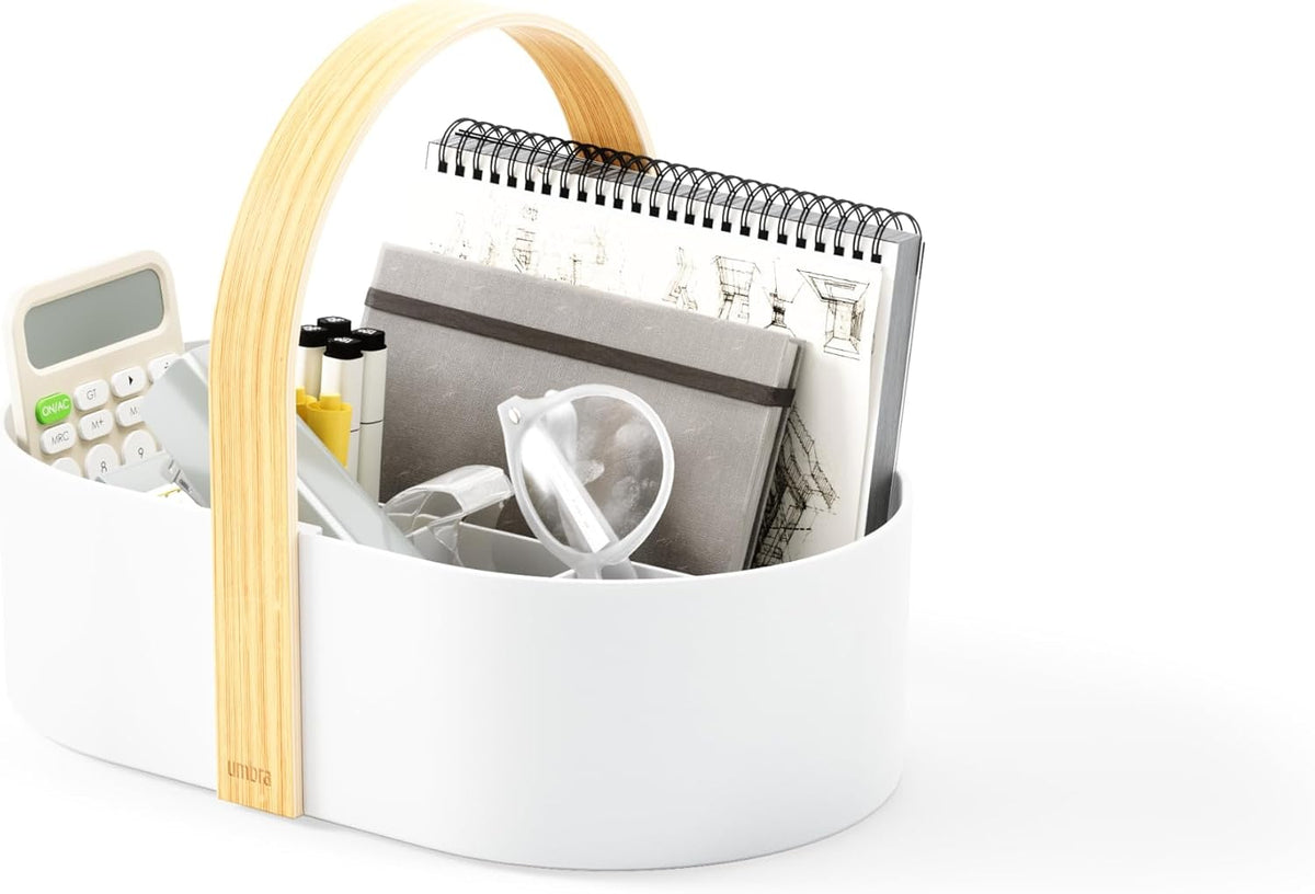 Umbra Bellwood Caddy, Wooden Handle Makeup Organizer, Small, White/Natural