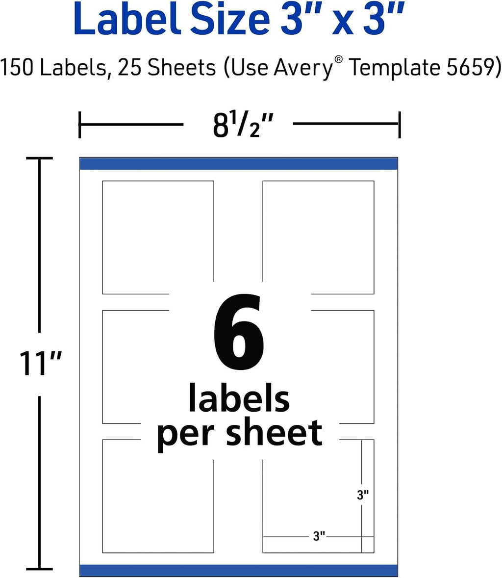 Avery® Printable Square Labels, Sure Feed® Technology, 3" x 3", Matte White, Permanent Adhesive, Laser/Inkjet Printable, 150 Blank Labels, Great for Product Merchandising, Stickers, and More (5659)
