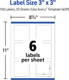 Avery® Printable Square Labels, Sure Feed® Technology, 3" x 3", Matte White, Permanent Adhesive, Laser/Inkjet Printable, 150 Blank Labels, Great for Product Merchandising, Stickers, and More (5659)