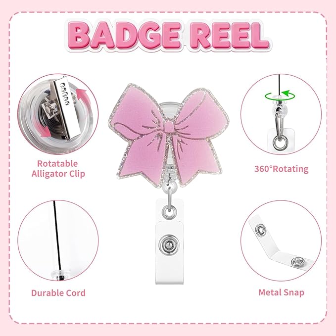 2Pcs Pink Bow Badge Reel Retractable Cute Badge Reels - Image 4