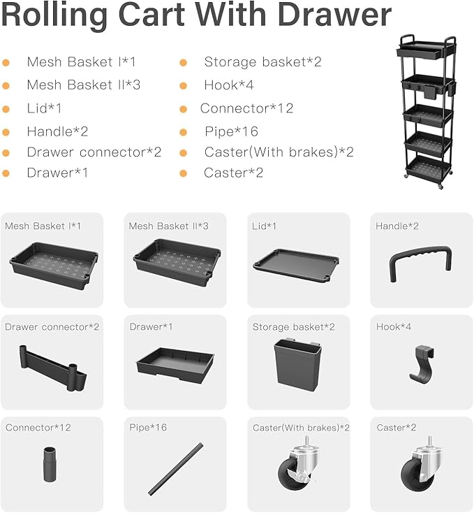 Sorgion 5 Tier Rolling Cart Organizer, Bathroom Cart Organizers - Image 7