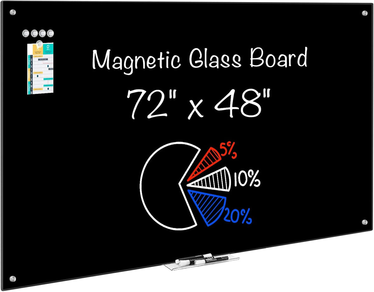 Maxtek Black Magnetic Glass Whiteboard 72 x 48in, Frameless Dry Erase Board