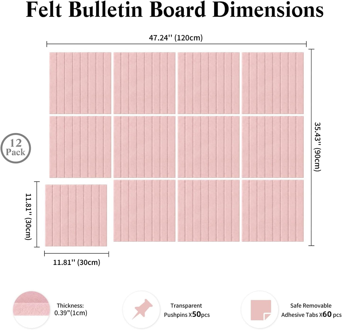 48" x 36" Large Felt Bulletin Board, Bold-Stripe 12-Pack Cork Board...