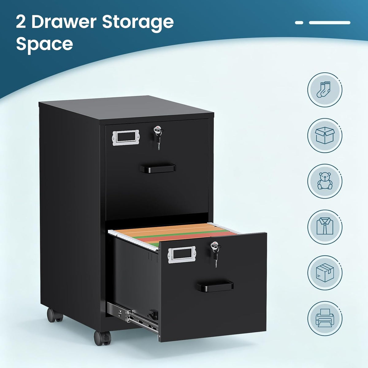 miiiko 2 drawer file cabinet with lock, vertical on a desk or shelf