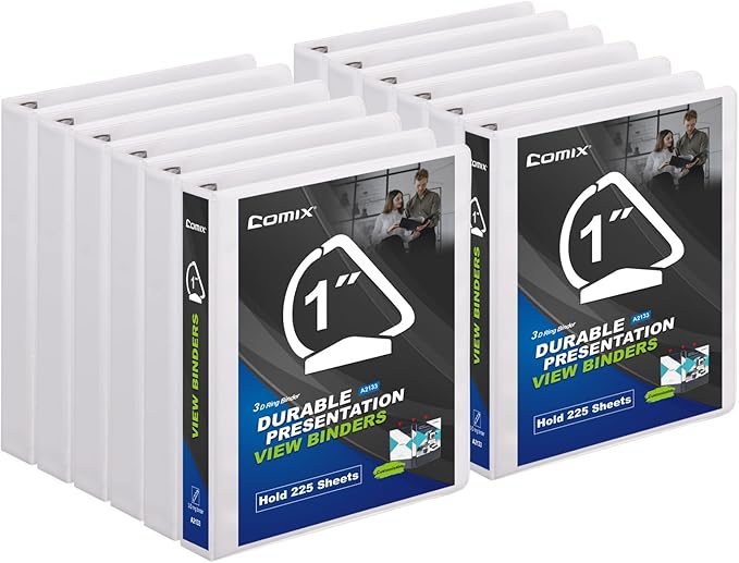 Comix D-Ring Basic View Binder 1 inch 3 Ring Binders, 2.4mm-Thick, Hold 225 by Comix