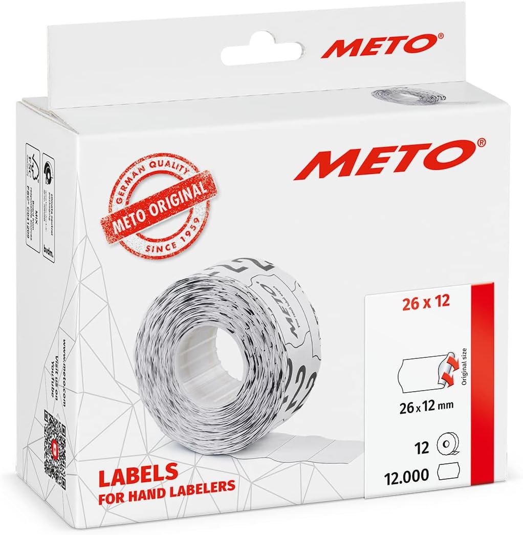 Meto Labels for Hand Labels, 26 x 12 mm, 1 Line, Pack of 12,000, White, Permanent Adhesive, for Meto, Hutner, Avery, Contact, Sato, Tovel etc