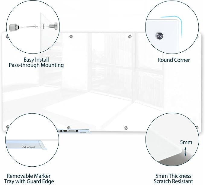 J&J worldwide Magnetic Glass Whiteboard 8' x 4' Ultra White, Large Frameless - Image 2
