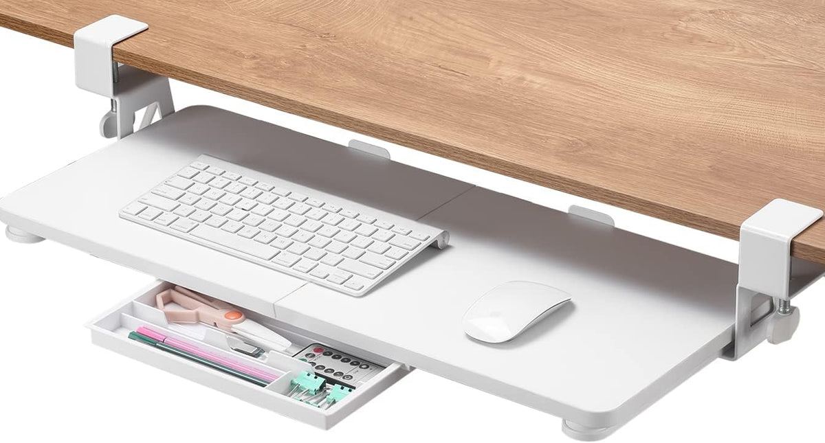 ETHU Under Desk Keyboard Tray with C-Clamp, 26.77x11.81", White