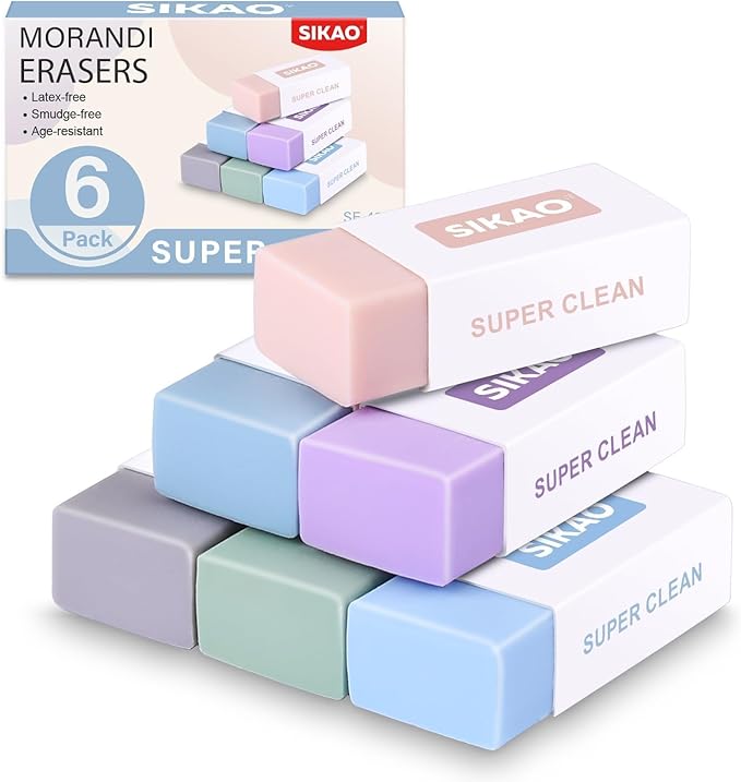 Morandi Erasers, 6 Pack Aesthetic Block Pencil Erasers – Soft Neutral Colors by Sikao