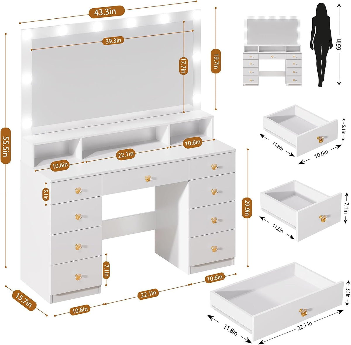 Vanity Desk with Mirror and Lights, Makeup Vanity Table with Power Outlet, 9 ...