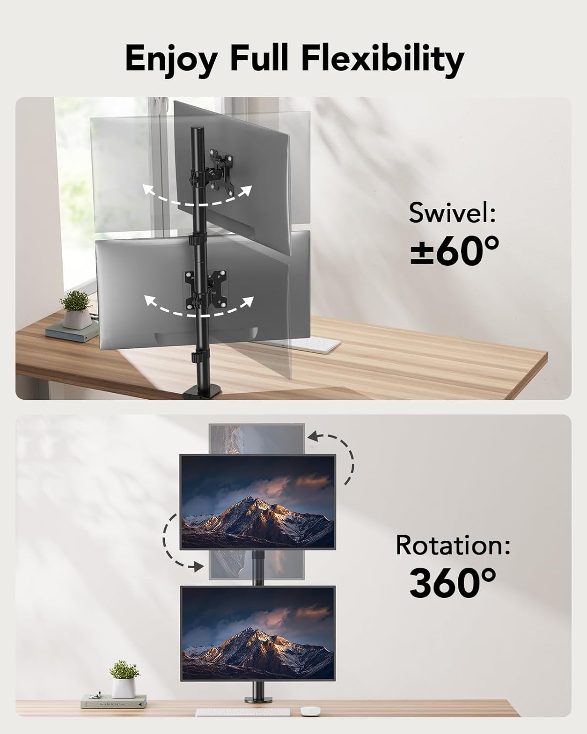 huanuo vertical dual monitor mount, stacked monitor stand, side view