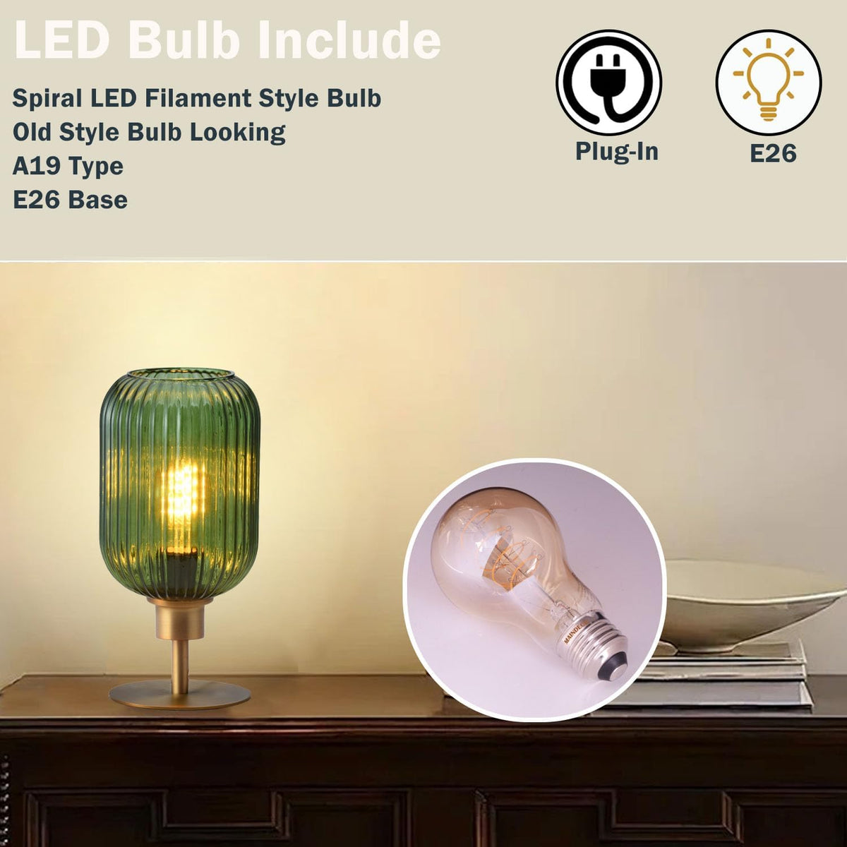 Mid Century Glass Table Lamp, Timer Build-In, Dimmable Desk Lamp, Green