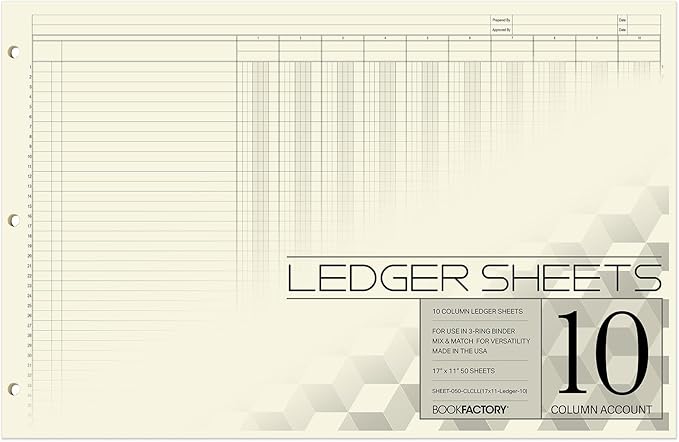 BookFactory Ledger Sheets/Large 10 Column Accounting Ledger Columnar Loose Leaf by BookFactory