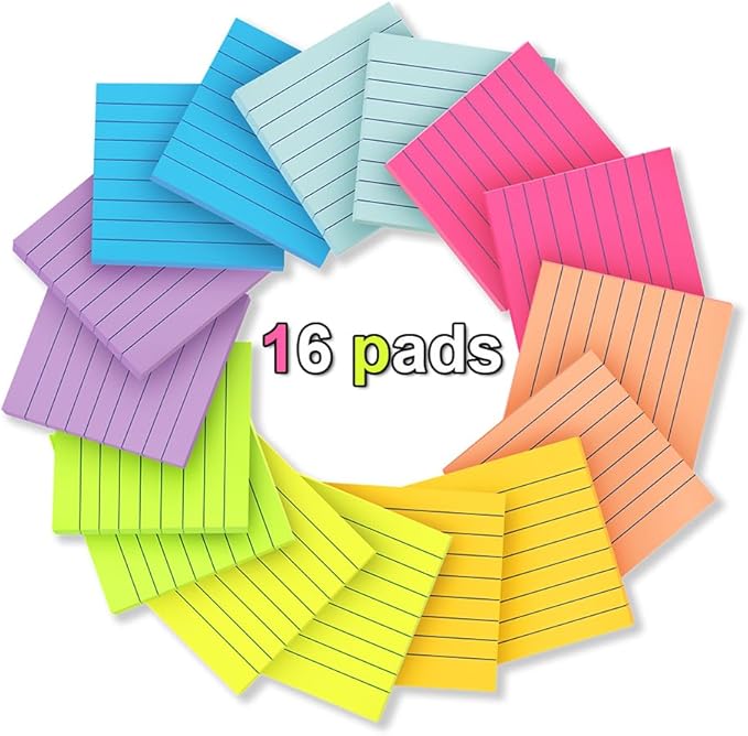 Lined Sticky Notes 3x3 in Ruled Stickies Super Sticking Power Memo Pads Bright - Image 2