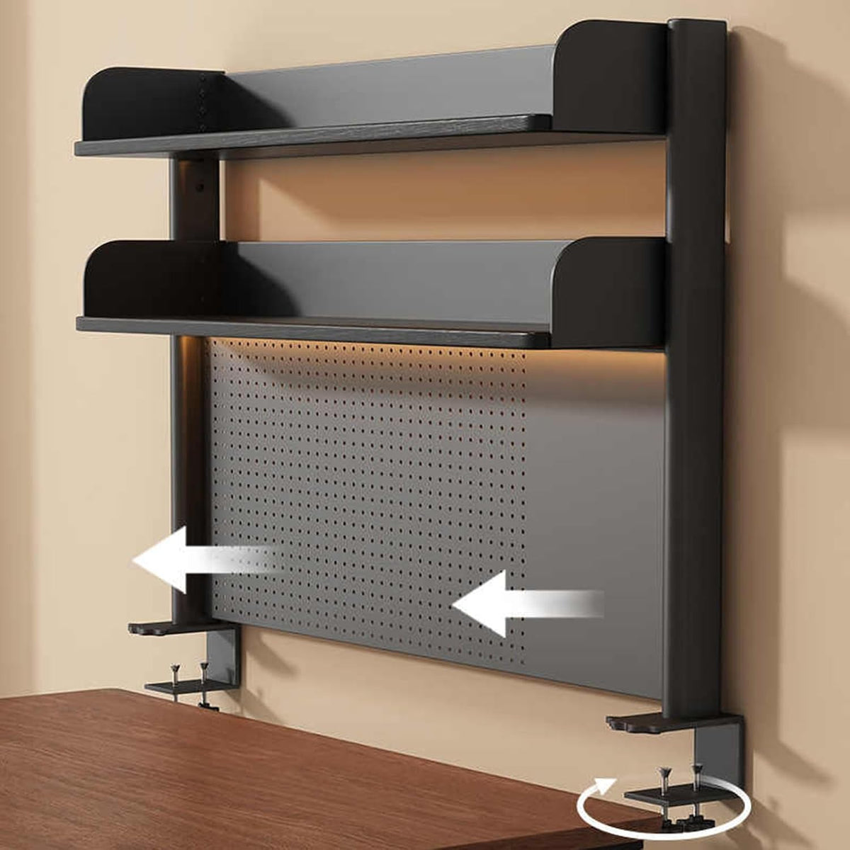 23.6in Clamp on Desk Shelf with Pegboard, Black Desktop Bookshelf Organizer
