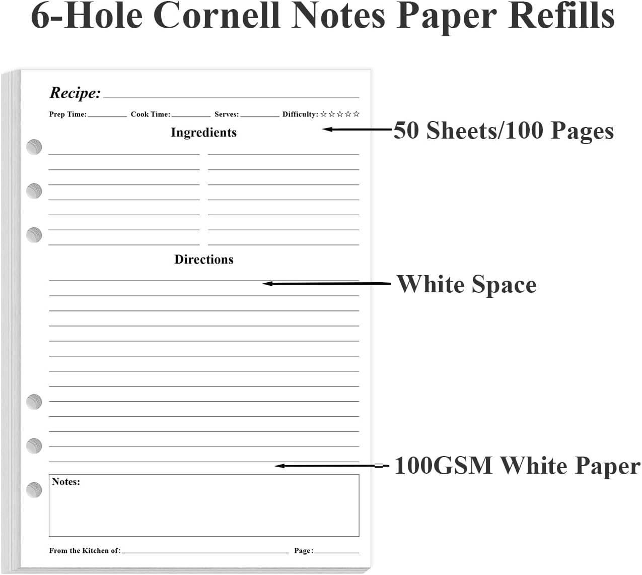 A4 Cornell Notes Filler Paper - 3 Hole Cornell Notes Loose Leaf Paper, 50Sheets / 100Pages, 100gsm, White, 8.5'' x 11''