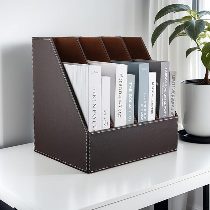 KINGFOM 4-Slot Wood Leather Document Files Holder Rack Stand Desk Files - Image 6