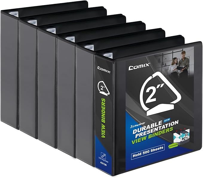 Comix Sturdy 2 Inch D-Ring Binders, 2.4mm-Thick, Holds 500 Sheets of 8.5" x 11" by Comix
