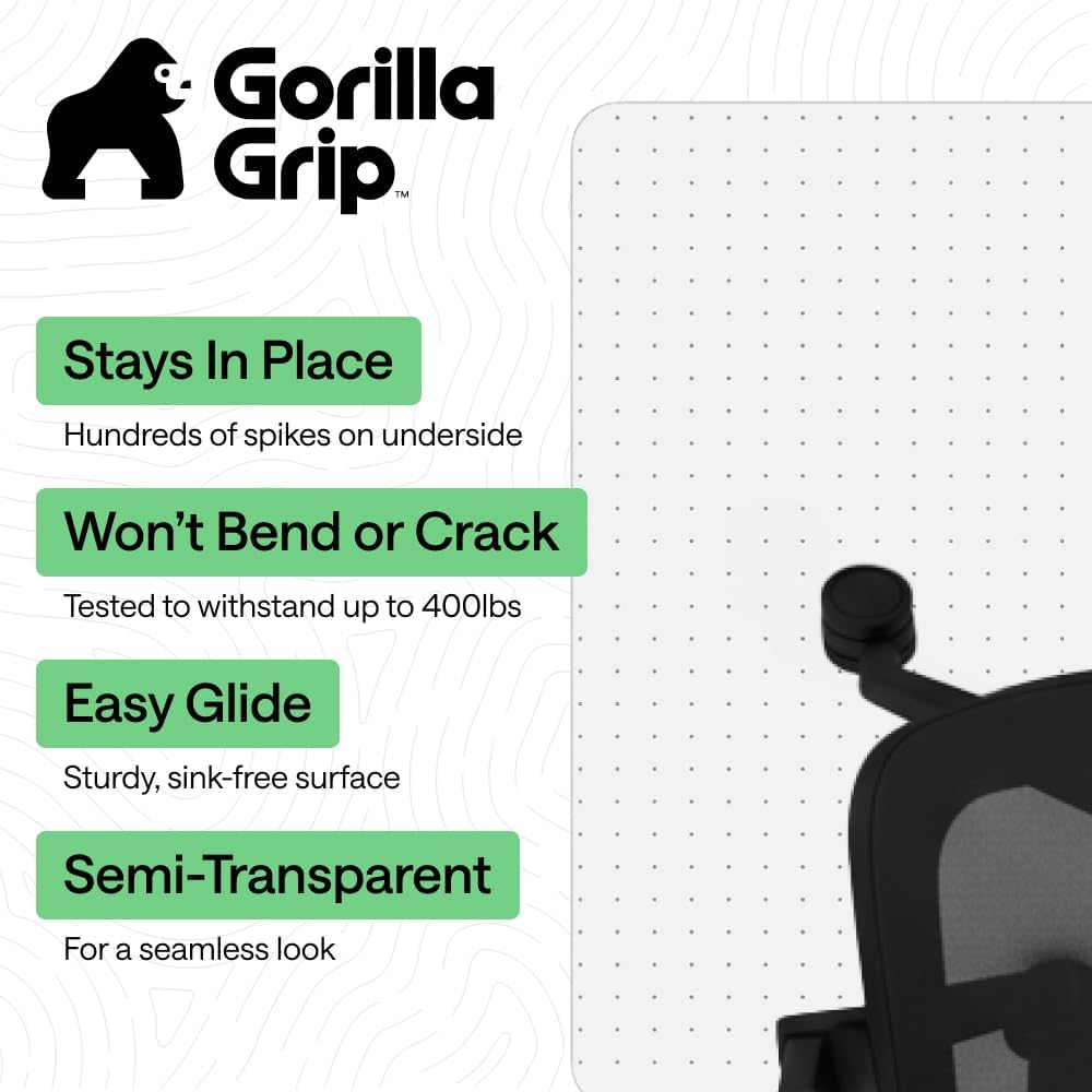 GORILLA GRIP Slip Resistant Clear Office Chair Mat for Carpet Floors, Smooth Rolling Glide Under Desk, Heavy Duty Plastic Computer Mats and Carpeted Floor Protector, Work and Gaming Chairs, 29x47