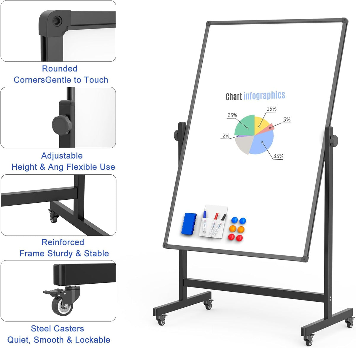 40x28 Rolling Whiteboard, Double Sided Magnetic Dry Erase Board with Stand