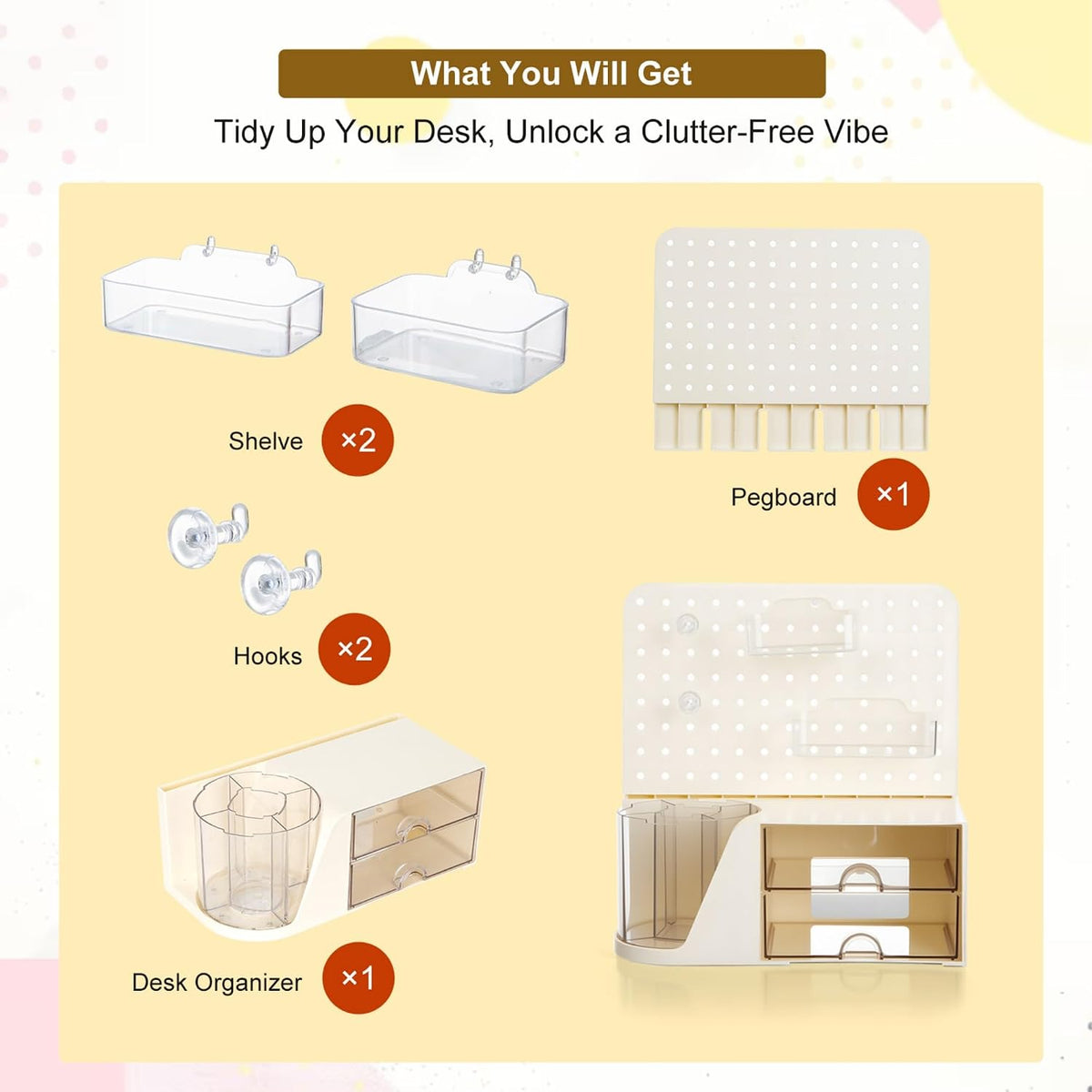 comix desk organizer with 2 drawer, beige 360°, package contents