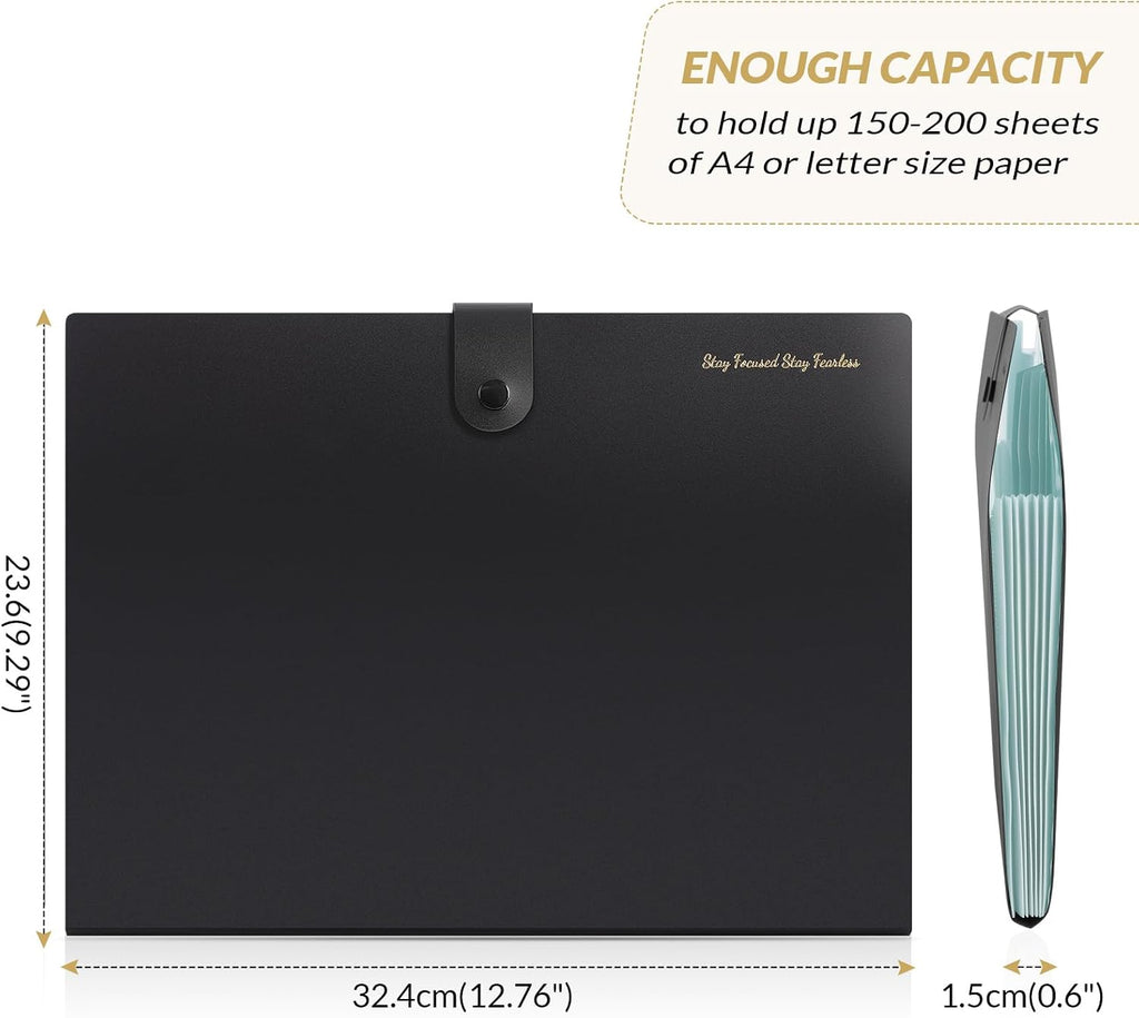 SKYDUE 7-Pocket Expanding File Folder, Accordion Document Organizer | Professional Portable Paper Receipt Holder with Labels for Office Home Business, Letter/A4 Size Black