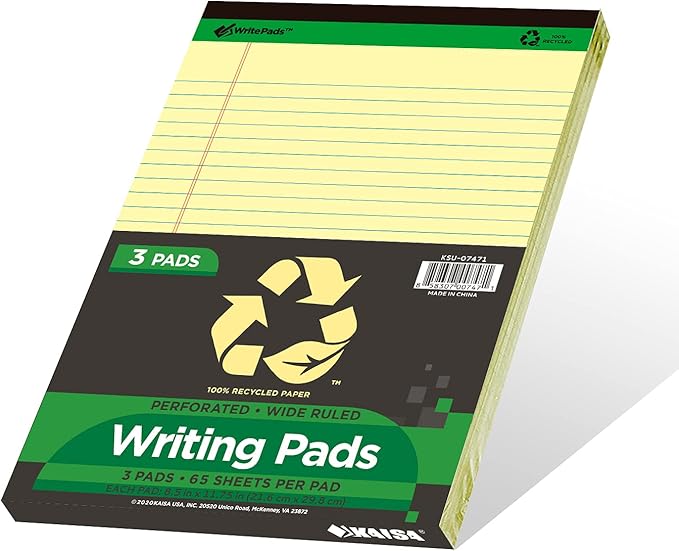 KAISA Yellow Legal Pads Writing Pads Recycled Paper 8.5"x11.75" Wide Ruled - Image 2