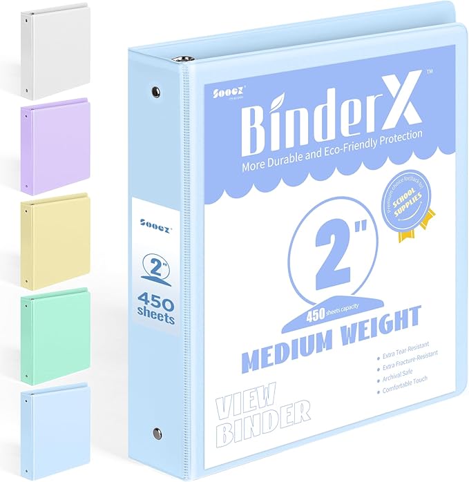 BinderX Extra Durable 3 Ring Binder, Round Ring 2 Inch Binders, Fits 450 Sheets by Sooez