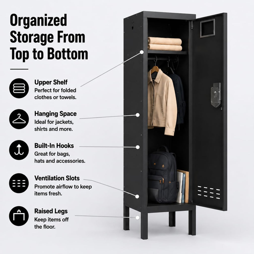 BUTISOW Lockable Metal Storage Locker with Card Slot (15" W x 15" D) Durable Storage Cabinet, Lockers for Employees & Kids, Fits Bedroom Gym School & Office (Black, 54" - 1 Door)