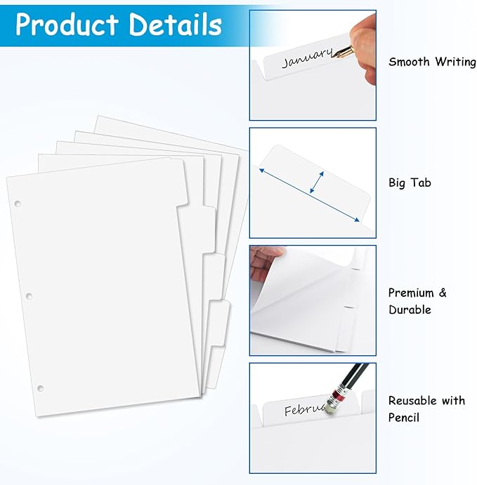 Binder Dividers for 3 Ring Binder, 1/5 Cut Tabs, Letter Size, Blank Write On - Image 3